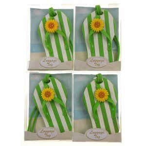 Flip Flop Luggage Tags Set 4 Beach Themed Green White Stripe Travel Bag Name ID